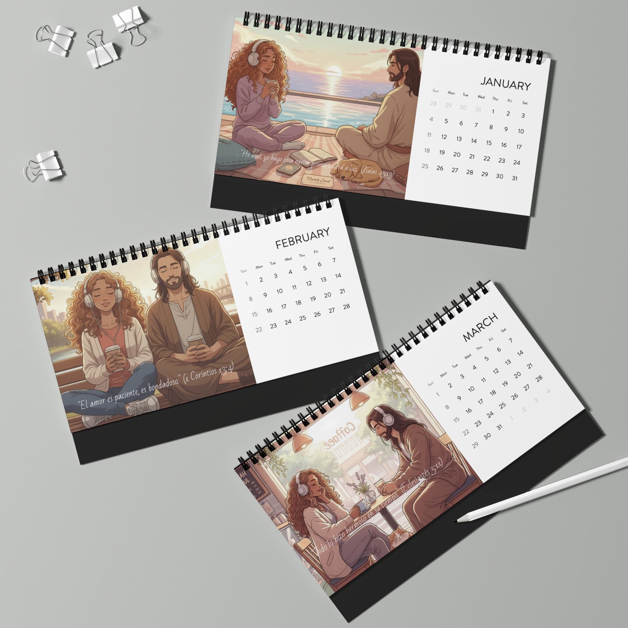 2026 Desktop Calendar | Naiah Soul Cozy Café Illustration | Monthly Planner with Stand | Cottagecore Desk Decor