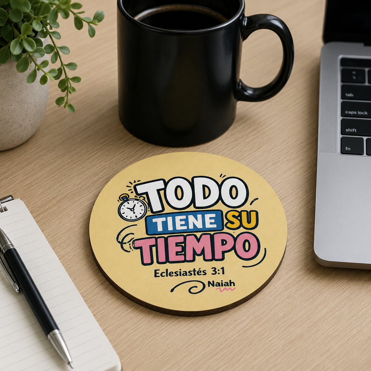 "Todo Tiene Su Tiempo" Spanish Scripture Coaster | Ecclesiastés 3:1 | Naiah Soul Cork-Back Drink Coaster, Christian Gift