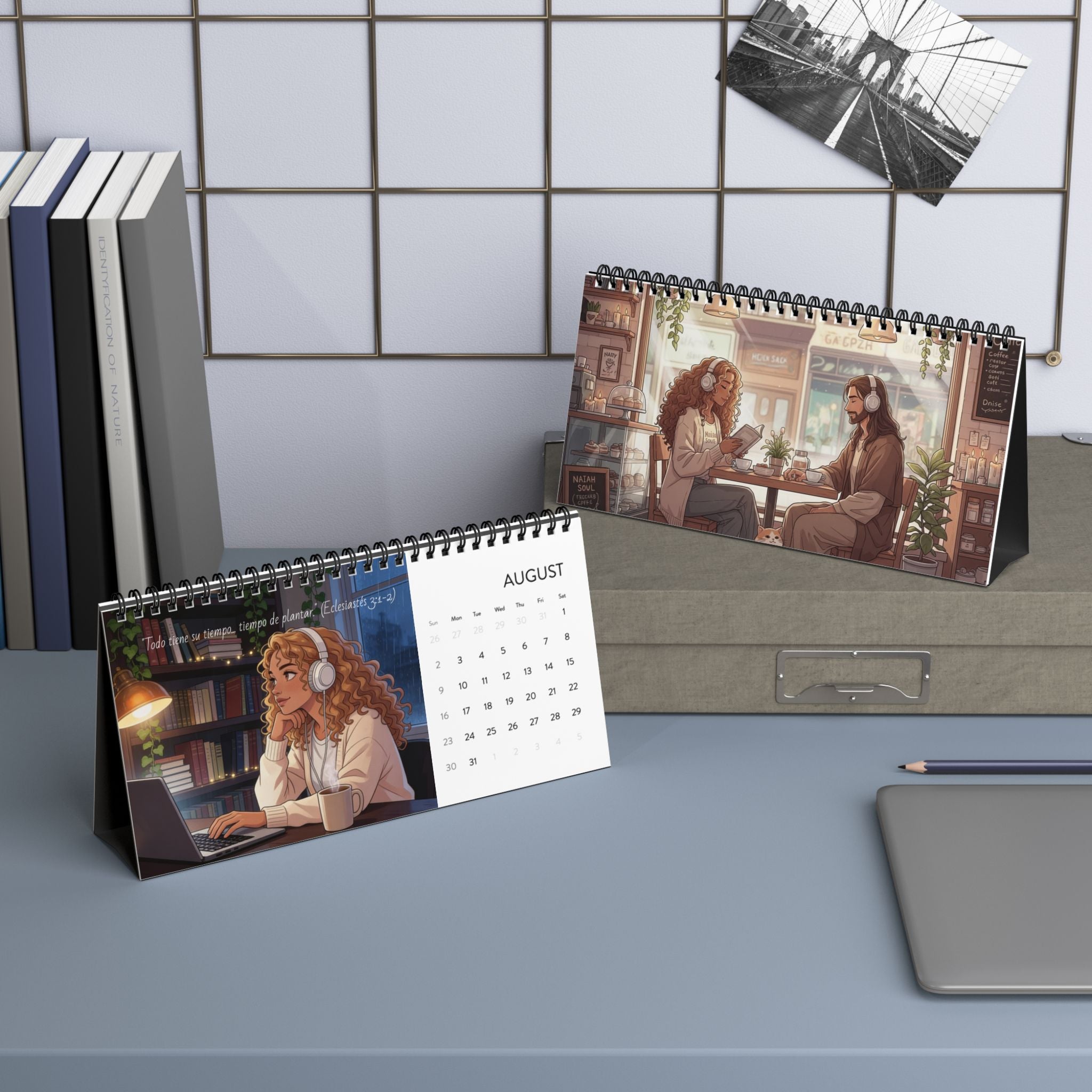 2026 Desktop Calendar | Naiah Soul Cozy Café Illustration | Monthly Planner with Stand | Cottagecore Desk Decor